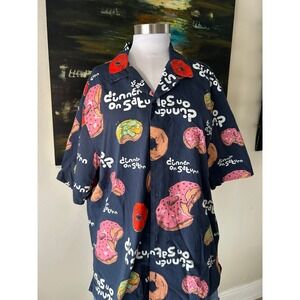 Zara Button Down Shirt XL Navy Blue Dinner On Saturn Donut Print